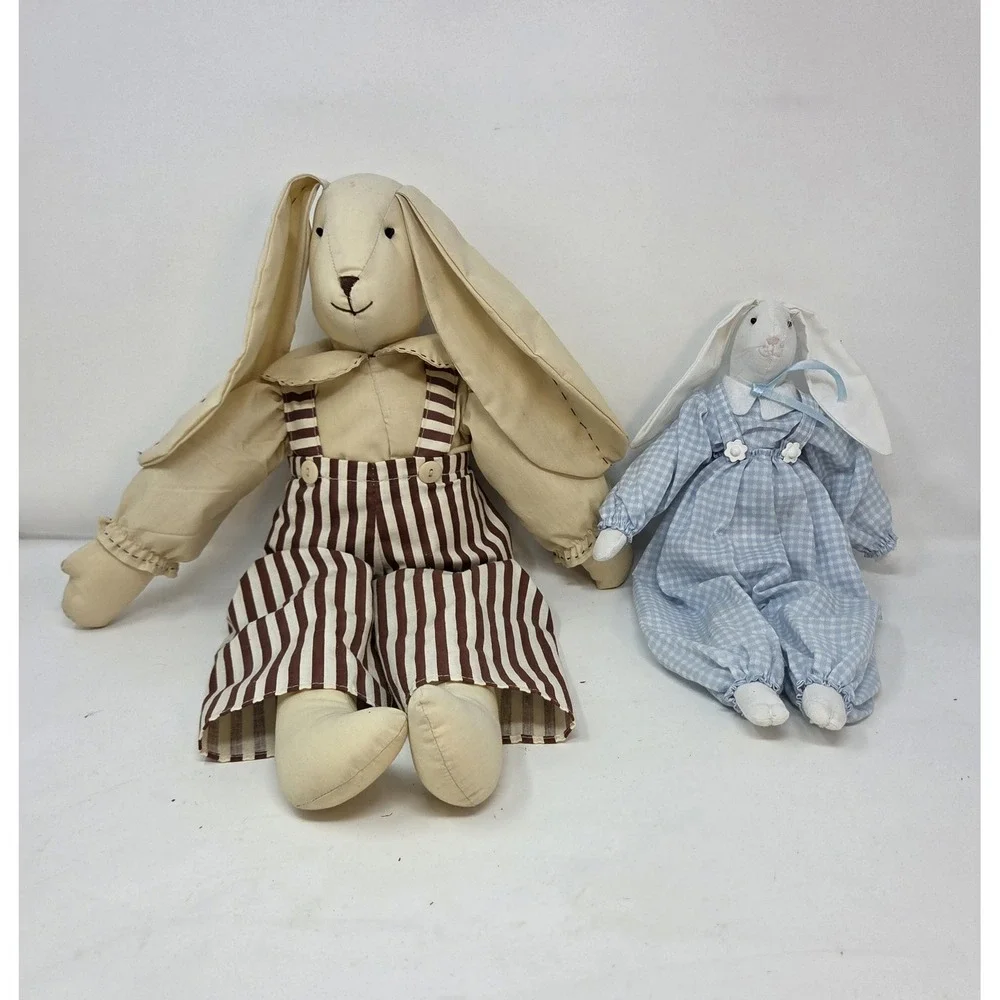 Country Farmhouse Fabric Bunny Rabbit Doll Pair Retro Striped Gingham Décor